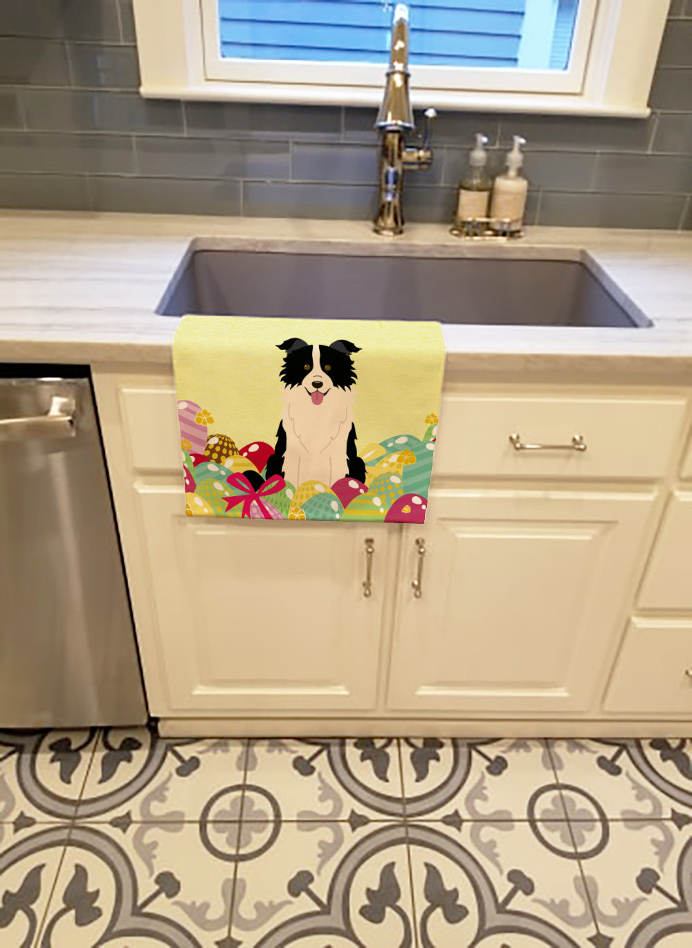 Easter Eggs Border Collie Black White Kitchen Towel Velour Plush Front and Cotton Loop Back Machine Washable