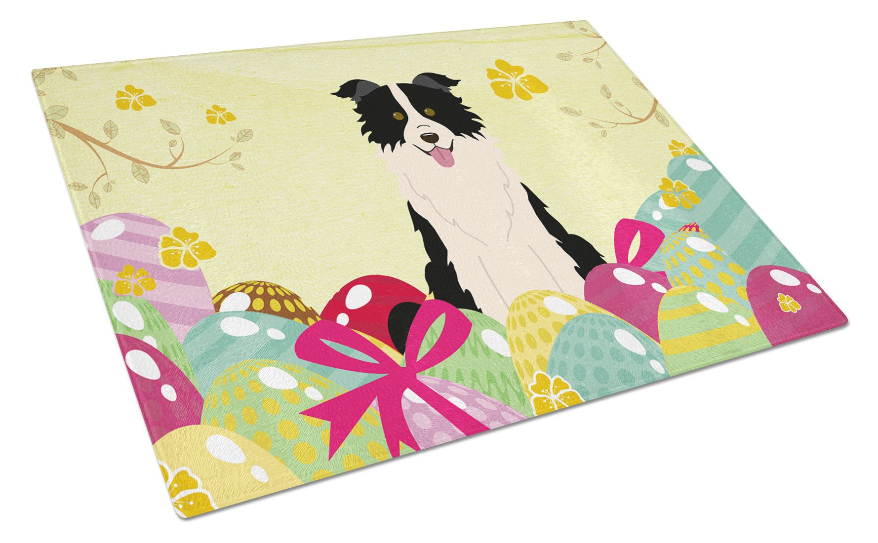 Easter Eggs Border Collie Black White Cutting Board Tempered Glass Kitchen Cutting Surface, Heat Resistant Chopping, Non-Slip Feet, Food Prep & Serving