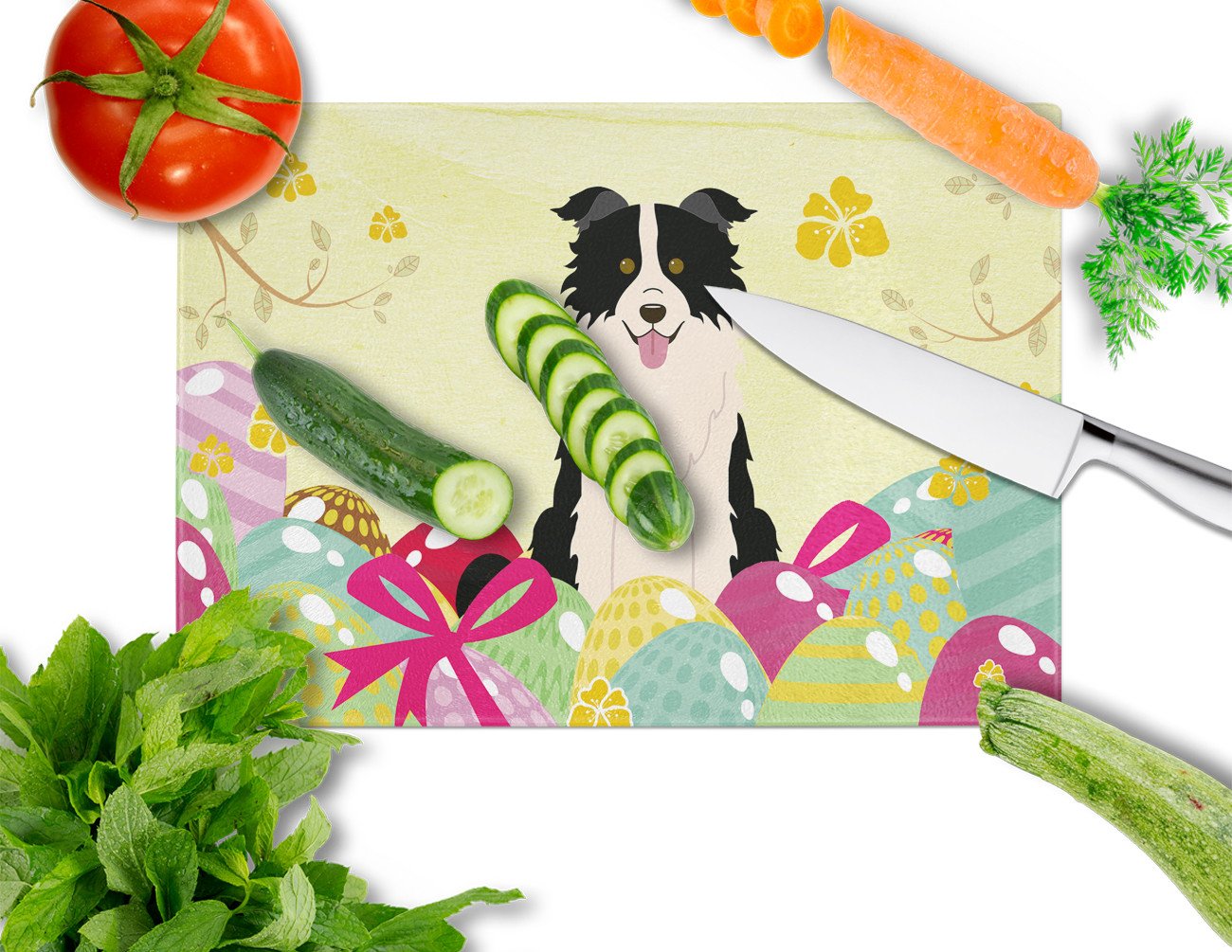 Easter Eggs Border Collie Black White Cutting Board Tempered Glass Kitchen Cutting Surface, Heat Resistant Chopping, Non-Slip Feet, Food Prep & Serving