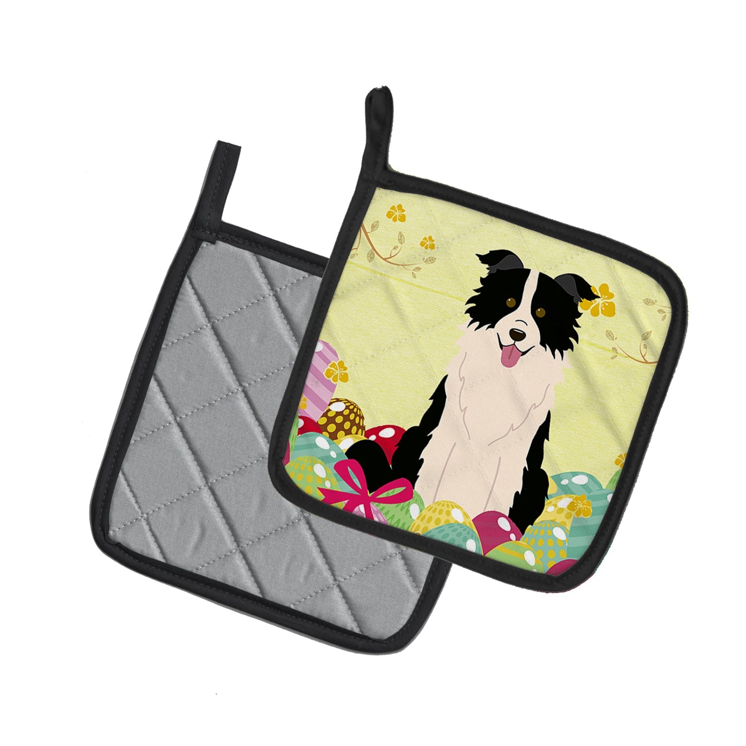 Easter Eggs Border Collie Black White Pot Holder Set of 2 Heat Resistant Quilted Hot Pads 7.5 x 7.5 Inch, Insulated Kitchen Trivets for Cooking & Baking