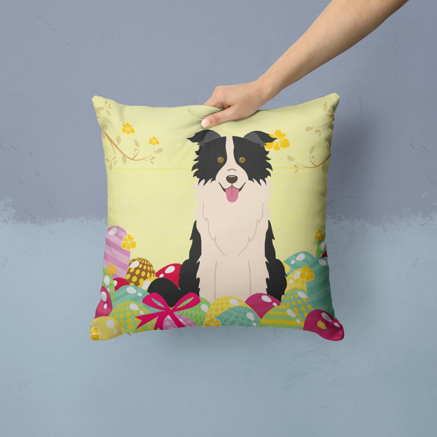 Easter Eggs Border Collie Black White Decorative Throw Pillow 14x14 Indoor Outdoor Accent Cushion, Fabric Cover with Insert for Sofa, Bed, Porch & Living Room