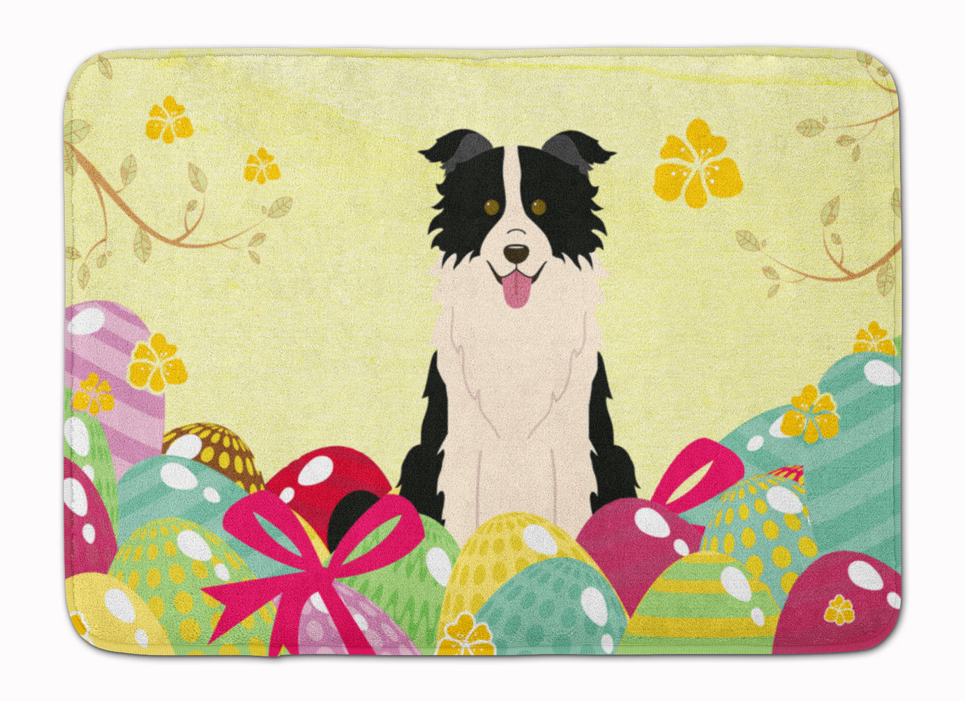 Easter Eggs Border Collie Black White Memory Foam Kitchen Mat Machine Washable Anti-Fatigue Cushion Comfort Bath or Kitchen Rug