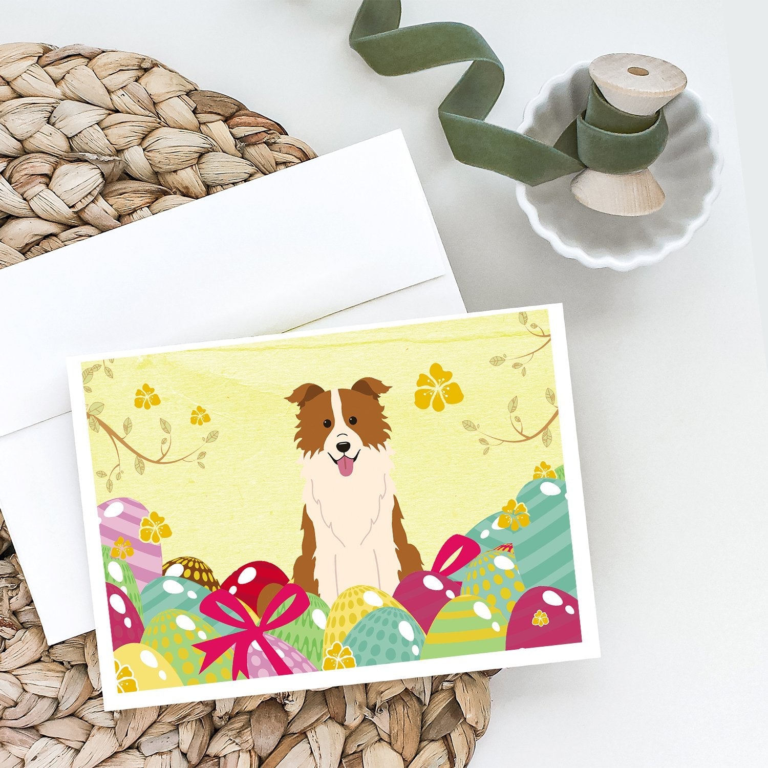 Easter Eggs Border Collie Red White Greeting Cards Pack of 8 Blank Cards with Envelopes Whimsical A7 Size 5x7