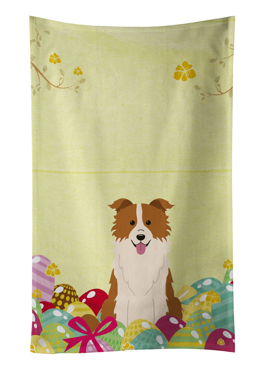Easter Eggs Border Collie Red White Kitchen Towel Velour Plush Front and Cotton Loop Back Machine Washable