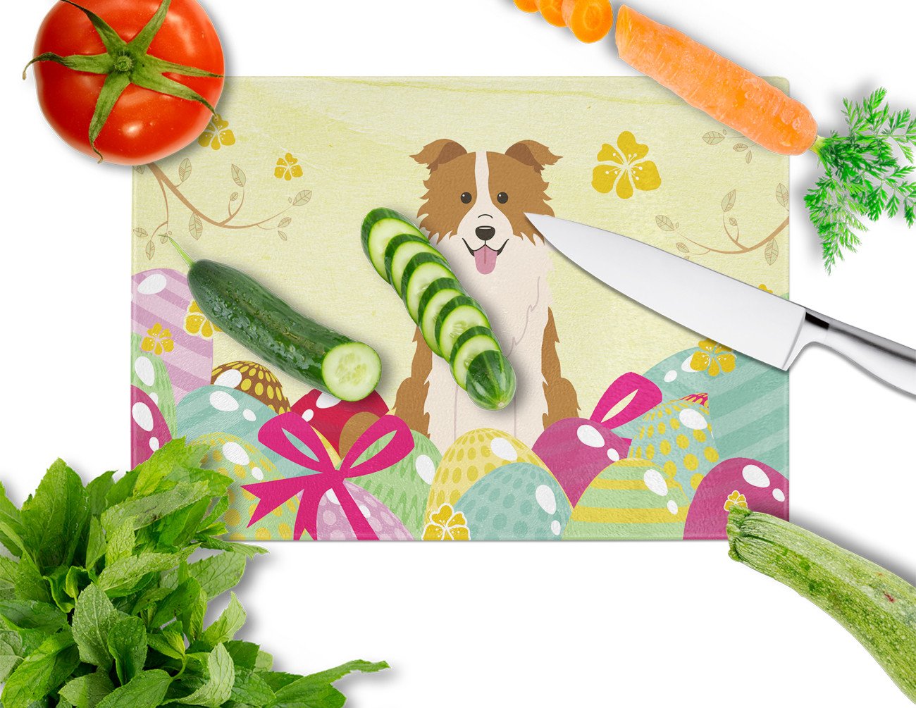 Easter Eggs Border Collie Red White Cutting Board Tempered Glass Kitchen Cutting Surface, Heat Resistant Chopping, Non-Slip Feet, Food Prep & Serving