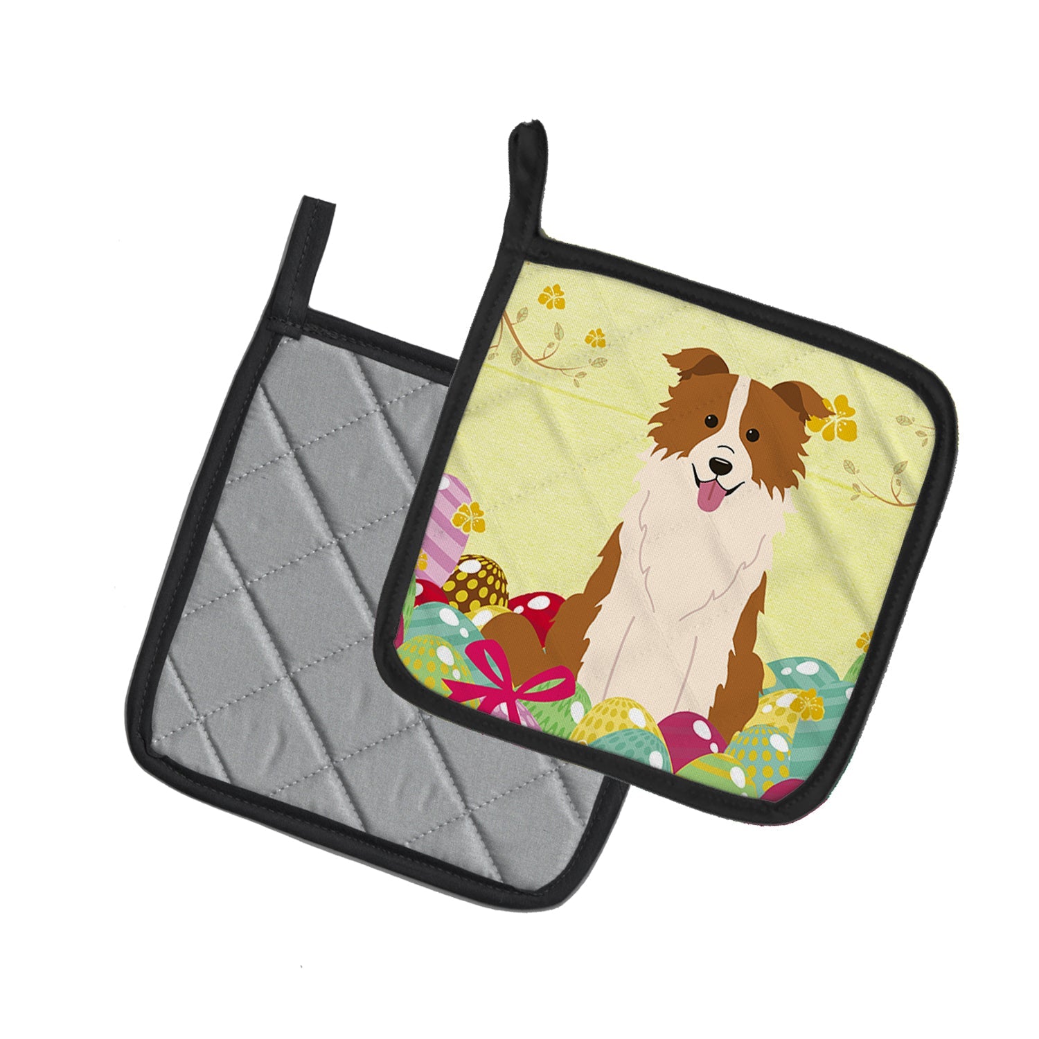 Easter Eggs Border Collie Red White Pot Holder Set of 2 Heat Resistant Quilted Hot Pads 7.5 x 7.5 Inch, Insulated Kitchen Trivets for Cooking & Baking