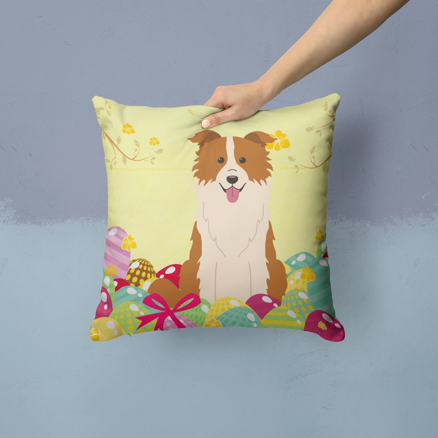 Easter Eggs Border Collie Red White Decorative Throw Pillow 14x14 Indoor Outdoor Accent Cushion, Fabric Cover with Insert for Sofa, Bed, Porch & Living Room