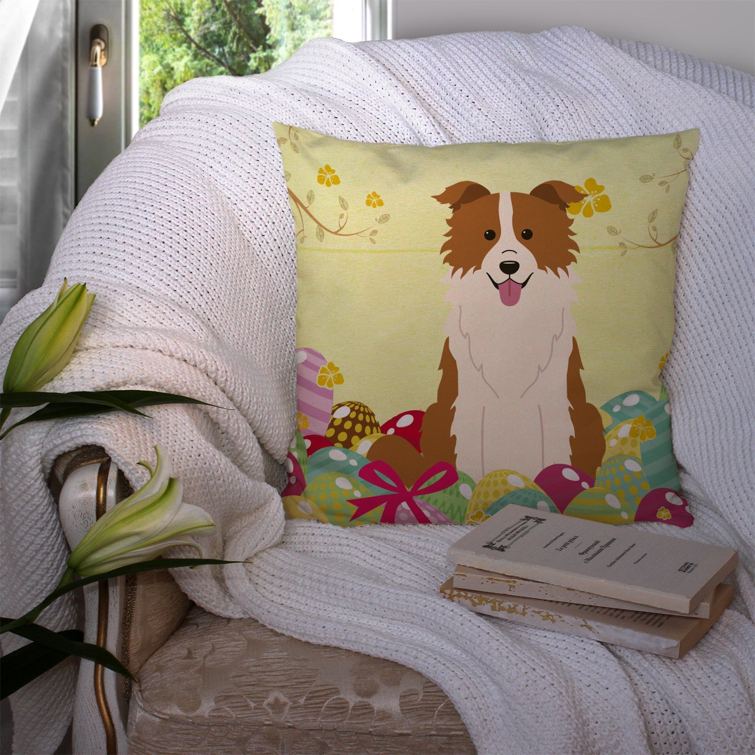 Easter Eggs Border Collie Red White Decorative Throw Pillow 14x14 Indoor Outdoor Accent Cushion, Fabric Cover with Insert for Sofa, Bed, Porch & Living Room
