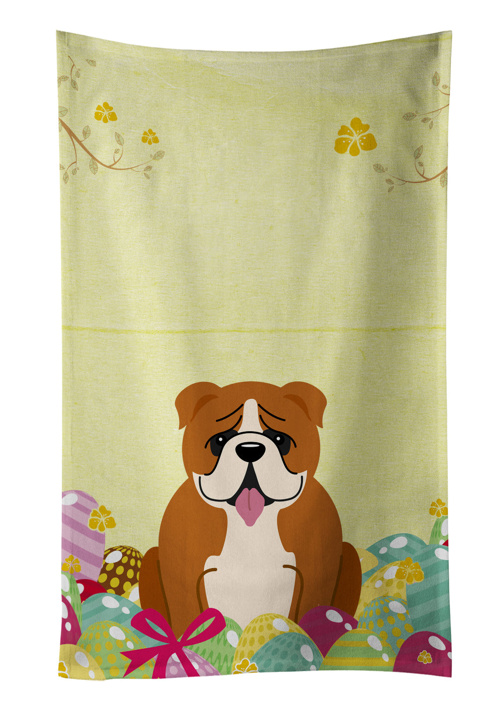 Easter Eggs English Bulldog Red White Kitchen Towel Velour Plush Front and Cotton Loop Back Machine Washable