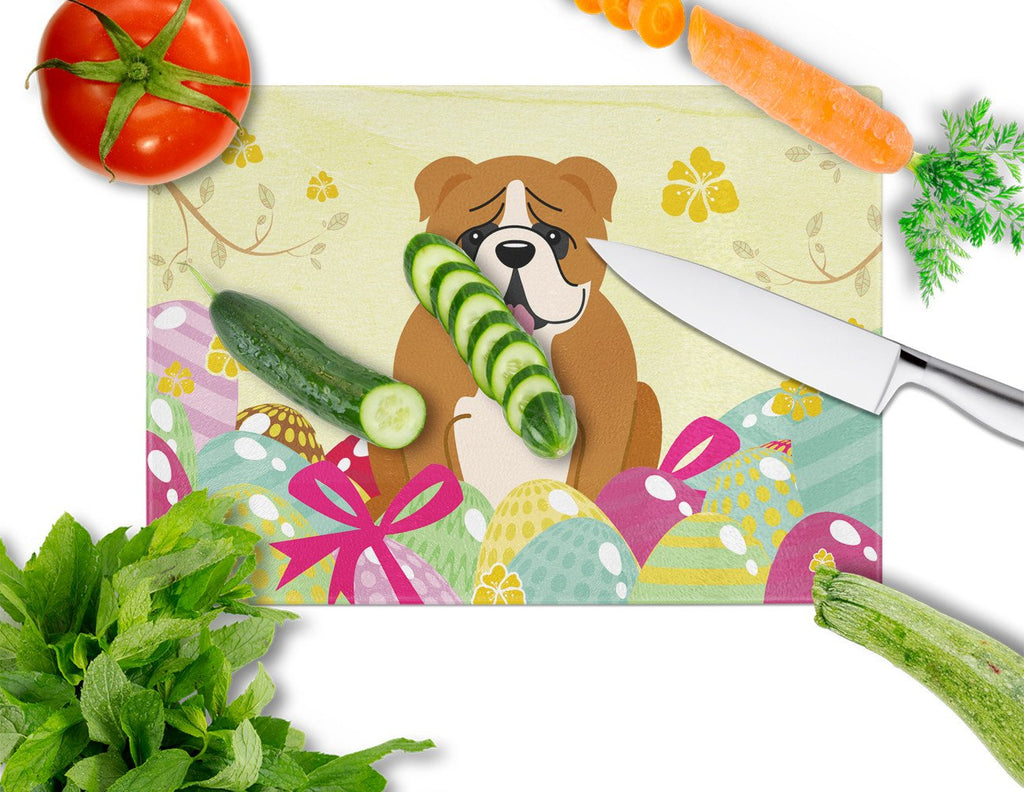 Easter Eggs English Bulldog Red White Cutting Board Tempered Glass Kitchen Cutting Surface, Heat Resistant Chopping, Non-Slip Feet, Food Prep & Serving