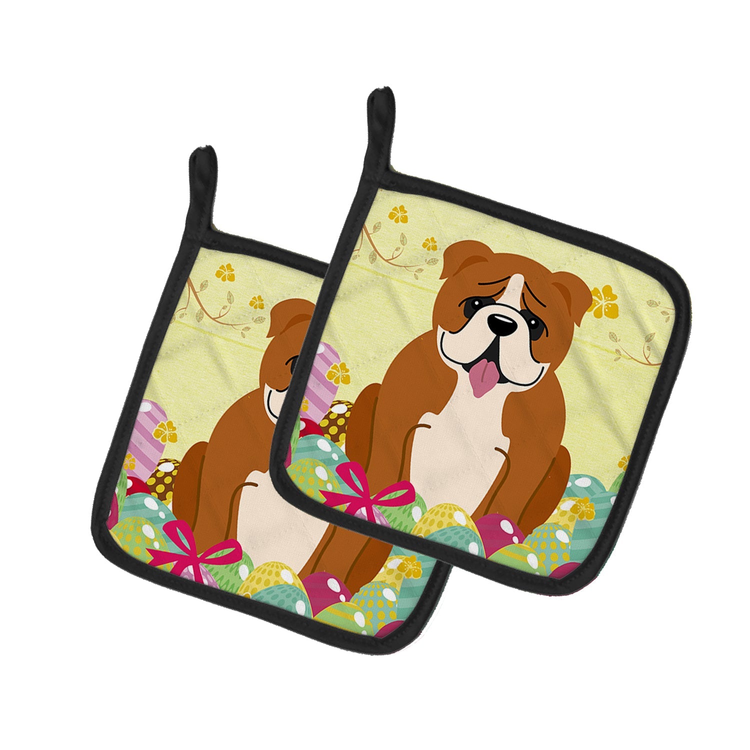 Easter Eggs English Bulldog Red White Pot Holder Set of 2 Heat Resistant Quilted Hot Pads 7.5 x 7.5 Inch, Insulated Kitchen Trivets for Cooking & Baking