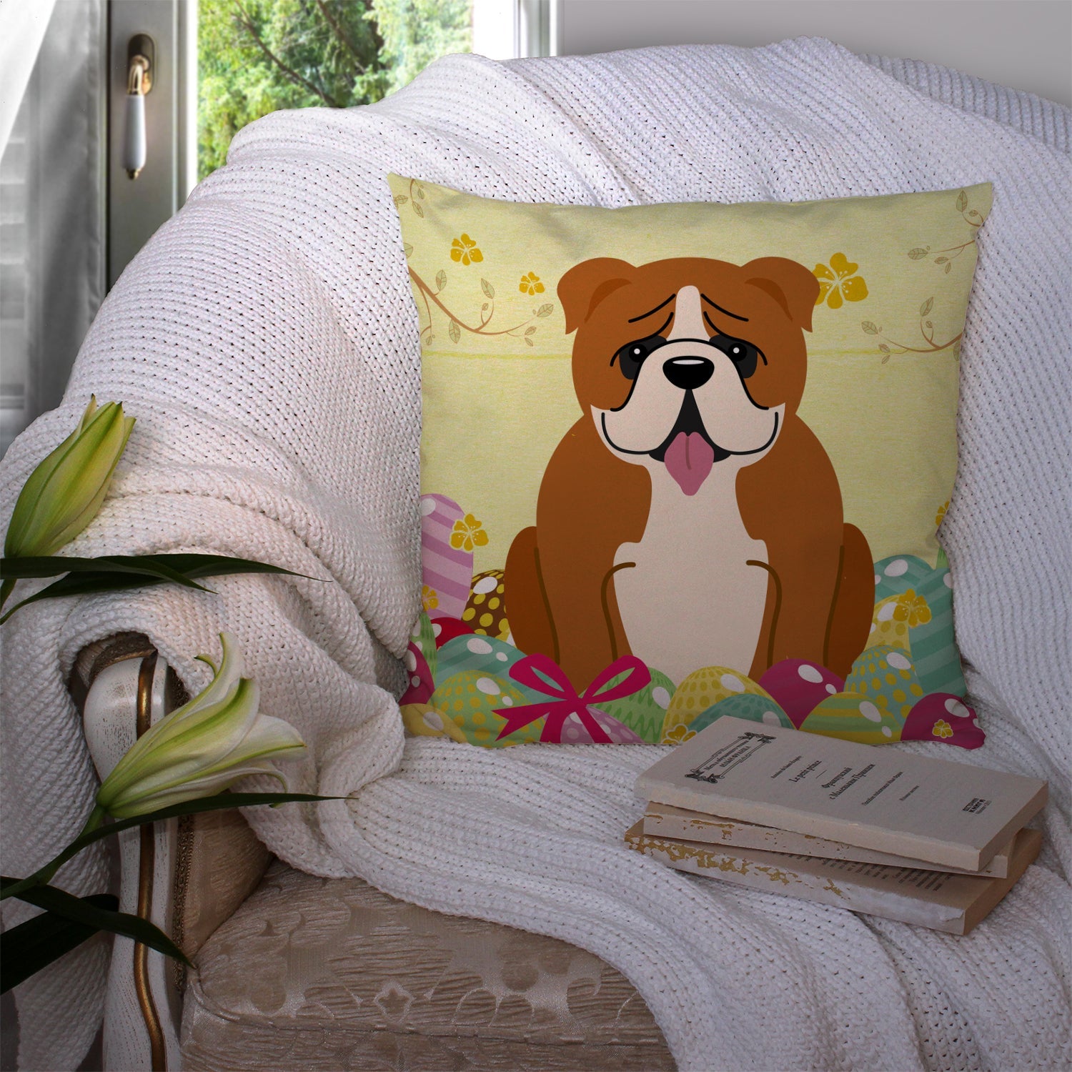 Easter Eggs English Bulldog Red White Decorative Throw Pillow 14x14 Indoor Outdoor Accent Cushion, Fabric Cover with Insert for Sofa, Bed, Porch & Living Room