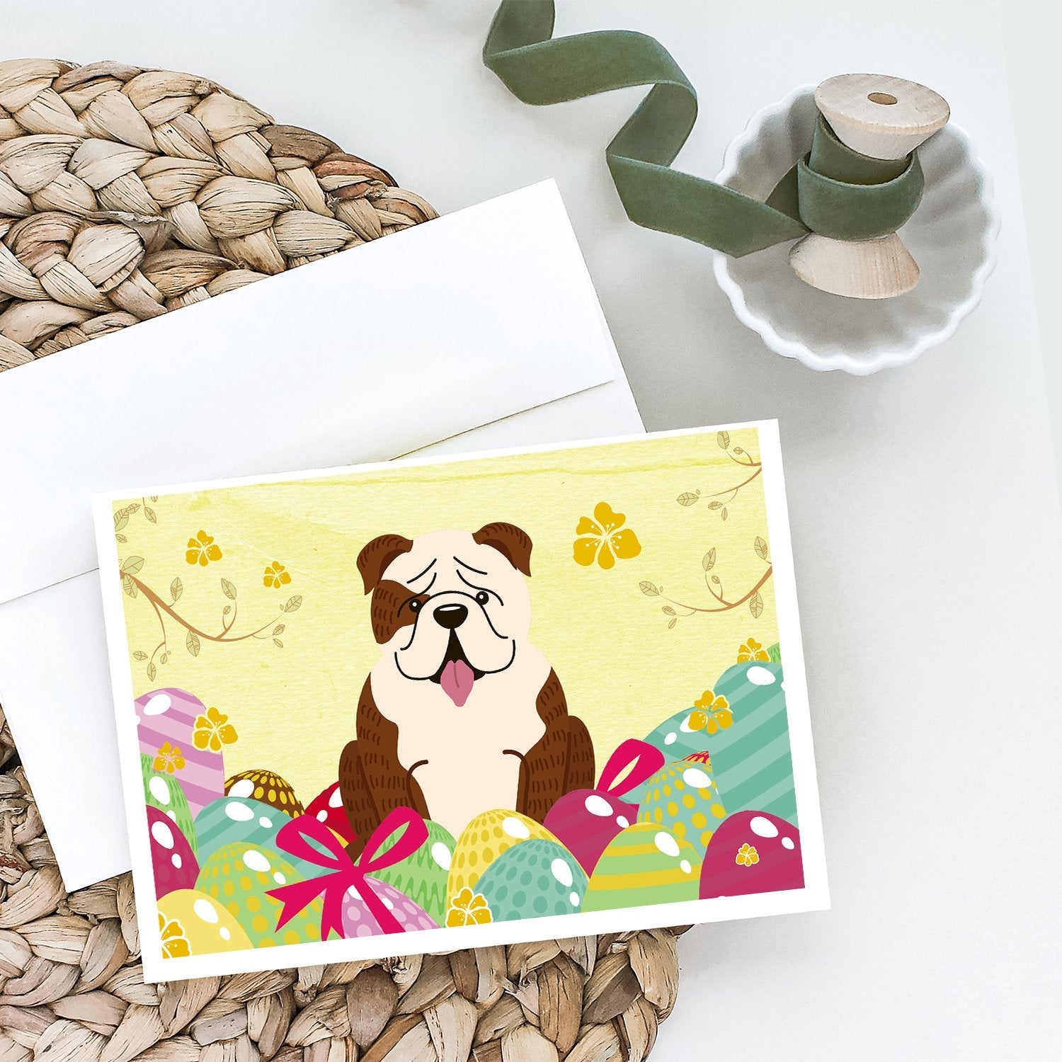 Easter Eggs English Bulldog Brindle White Greeting Cards Pack of 8 Blank Cards with Envelopes Whimsical A7 Size 5x7
