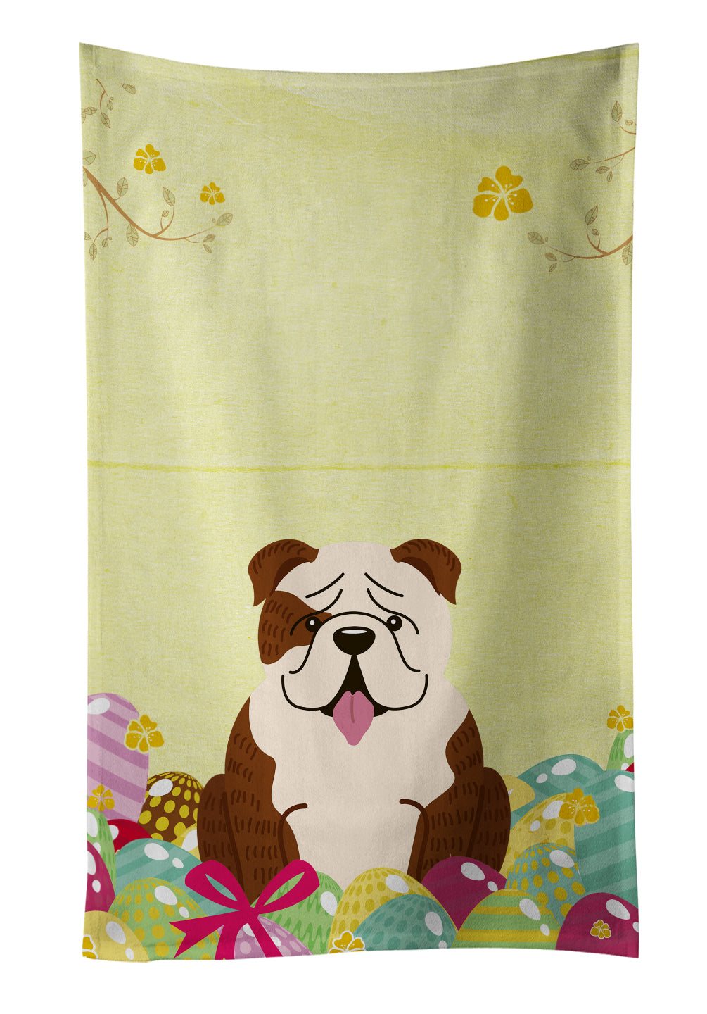 Easter Eggs English Bulldog Brindle White Kitchen Towel Velour Plush Front and Cotton Loop Back Machine Washable