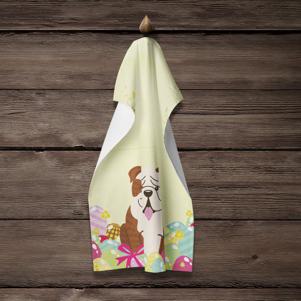 Easter Eggs English Bulldog Brindle White Kitchen Towel Velour Plush Front and Cotton Loop Back Machine Washable