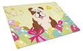Easter Eggs English Bulldog Brindle White Cutting Board Tempered Glass Kitchen Cutting Surface, Heat Resistant Chopping, Non-Slip Feet, Food Prep & Serving