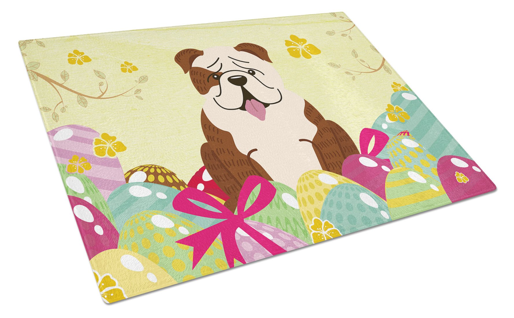 Easter Eggs English Bulldog Brindle White Cutting Board Tempered Glass Kitchen Cutting Surface, Heat Resistant Chopping, Non-Slip Feet, Food Prep & Serving
