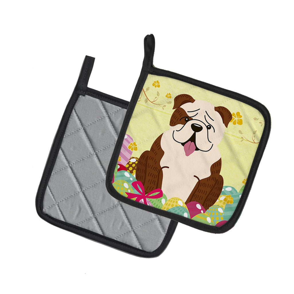 Easter Eggs English Bulldog Brindle White Pot Holder Set of 2 Heat Resistant Quilted Hot Pads 7.5 x 7.5 Inch, Insulated Kitchen Trivets for Cooking & Baking