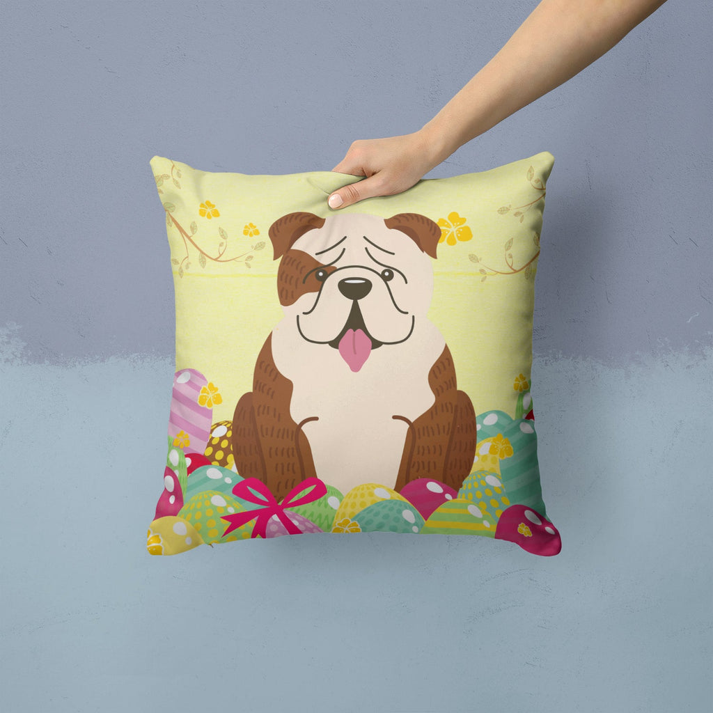 Easter Eggs English Bulldog Brindle White Decorative Throw Pillow 14x14 Indoor Outdoor Accent Cushion, Fabric Cover with Insert for Sofa, Bed, Porch & Living Room