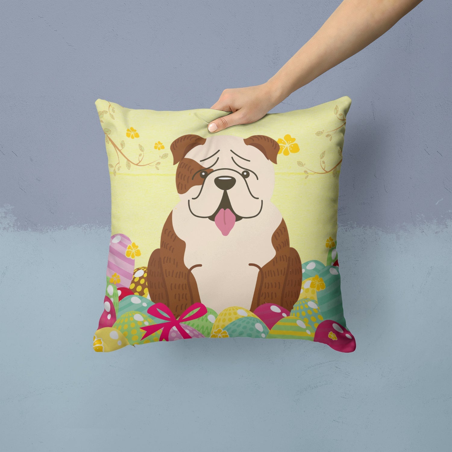 Easter Eggs English Bulldog Brindle White Decorative Throw Pillow 14x14 Indoor Outdoor Accent Cushion, Fabric Cover with Insert for Sofa, Bed, Porch & Living Room