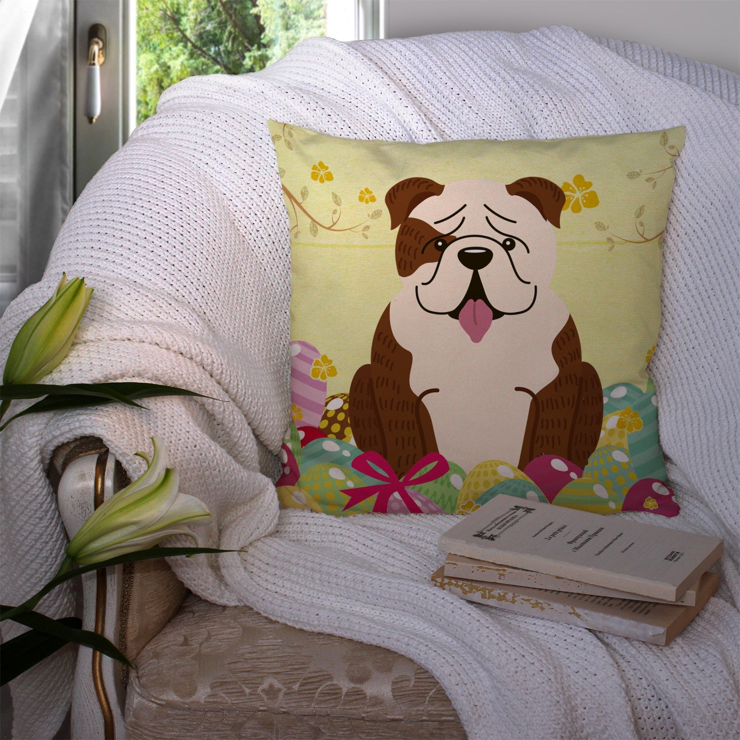 Easter Eggs English Bulldog Brindle White Decorative Throw Pillow 14x14 Indoor Outdoor Accent Cushion, Fabric Cover with Insert for Sofa, Bed, Porch & Living Room