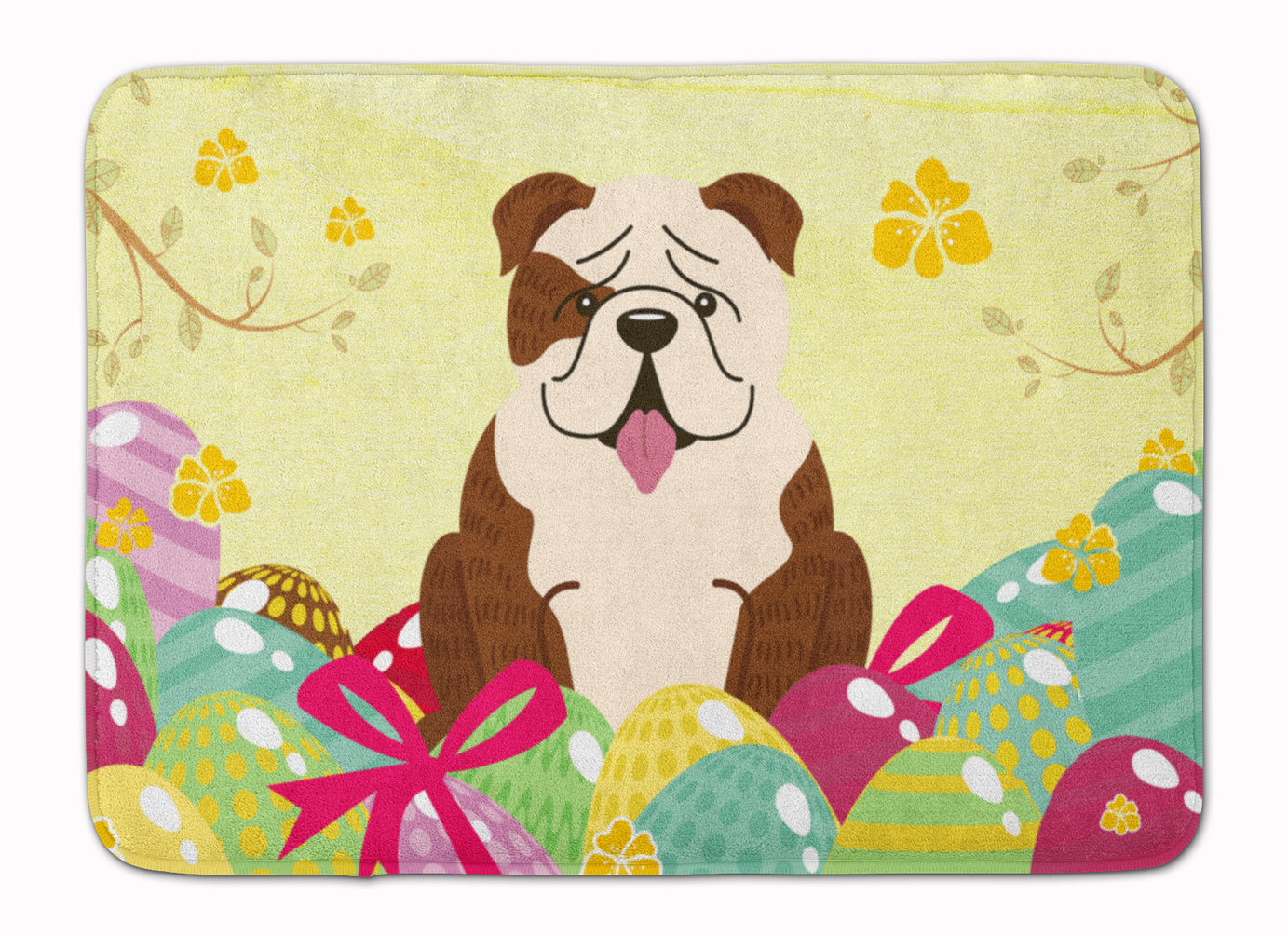 Easter Eggs English Bulldog Brindle White Memory Foam Kitchen Mat Machine Washable Anti-Fatigue Cushion Comfort Bath or Kitchen Rug