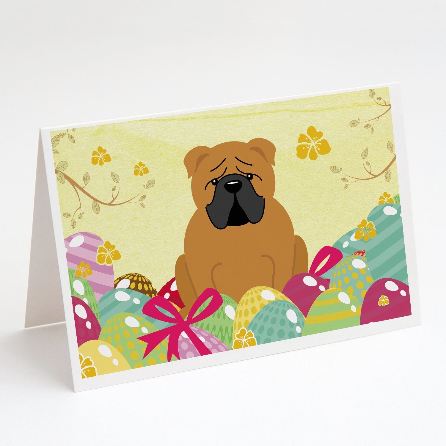 Easter Eggs English Bulldog Red Greeting Cards Pack of 8 Blank Cards with Envelopes Whimsical A7 Size 5x7