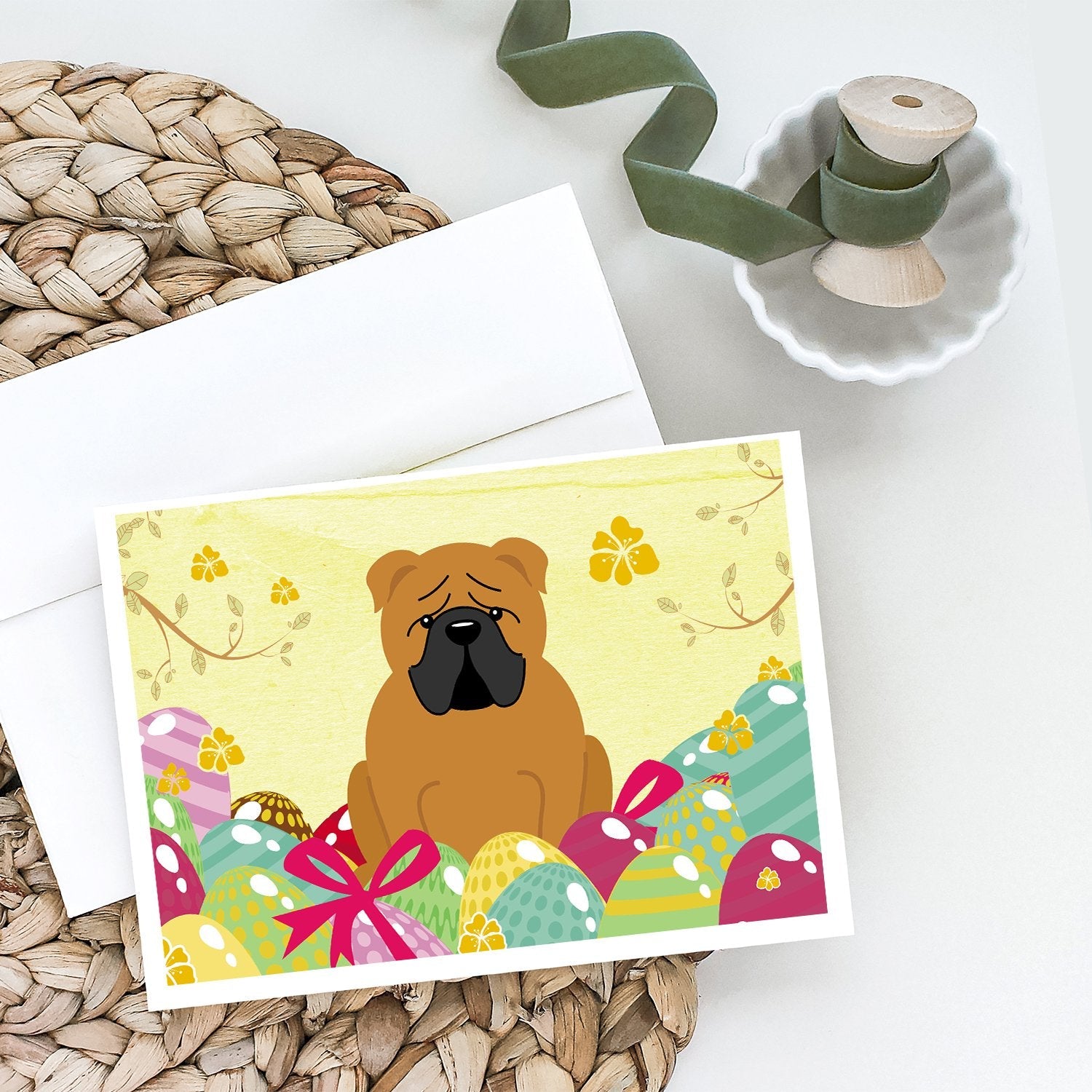 Easter Eggs English Bulldog Red Greeting Cards Pack of 8 Blank Cards with Envelopes Whimsical A7 Size 5x7