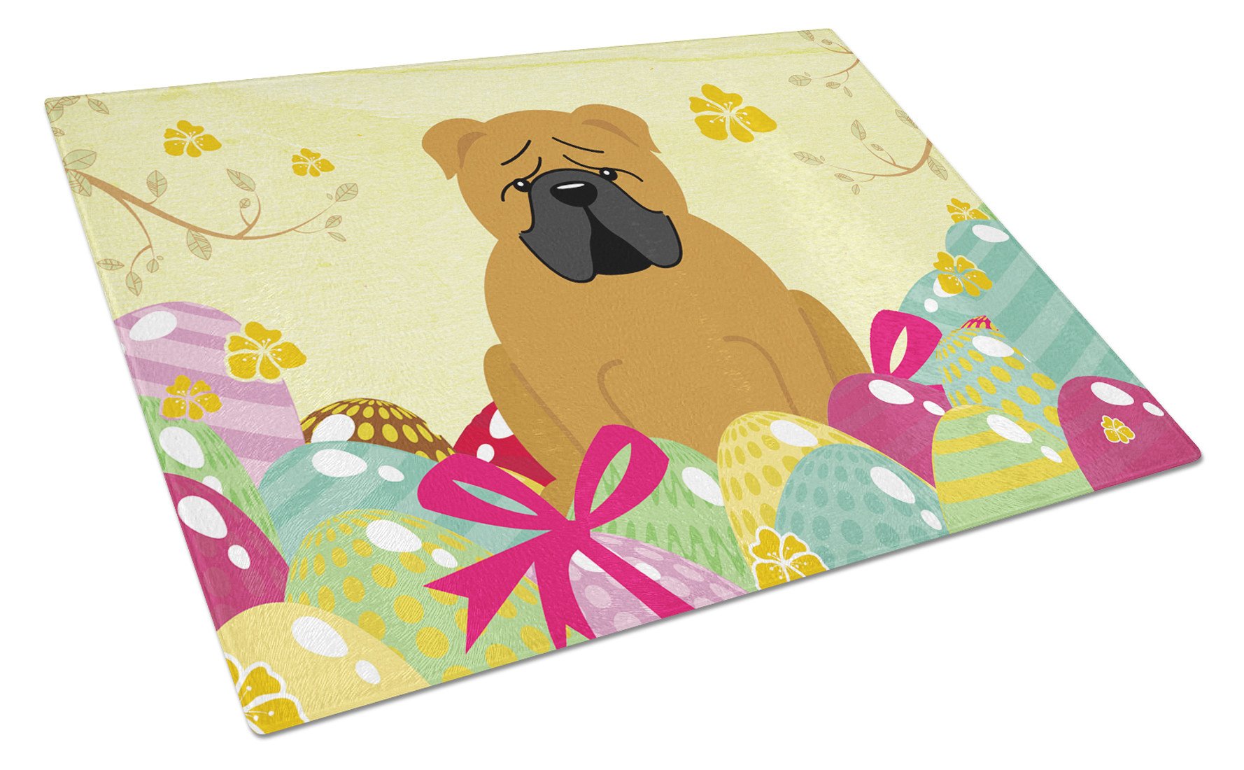 Easter Eggs English Bulldog Red Cutting Board Tempered Glass Kitchen Cutting Surface, Heat Resistant Chopping, Non-Slip Feet, Food Prep & Serving