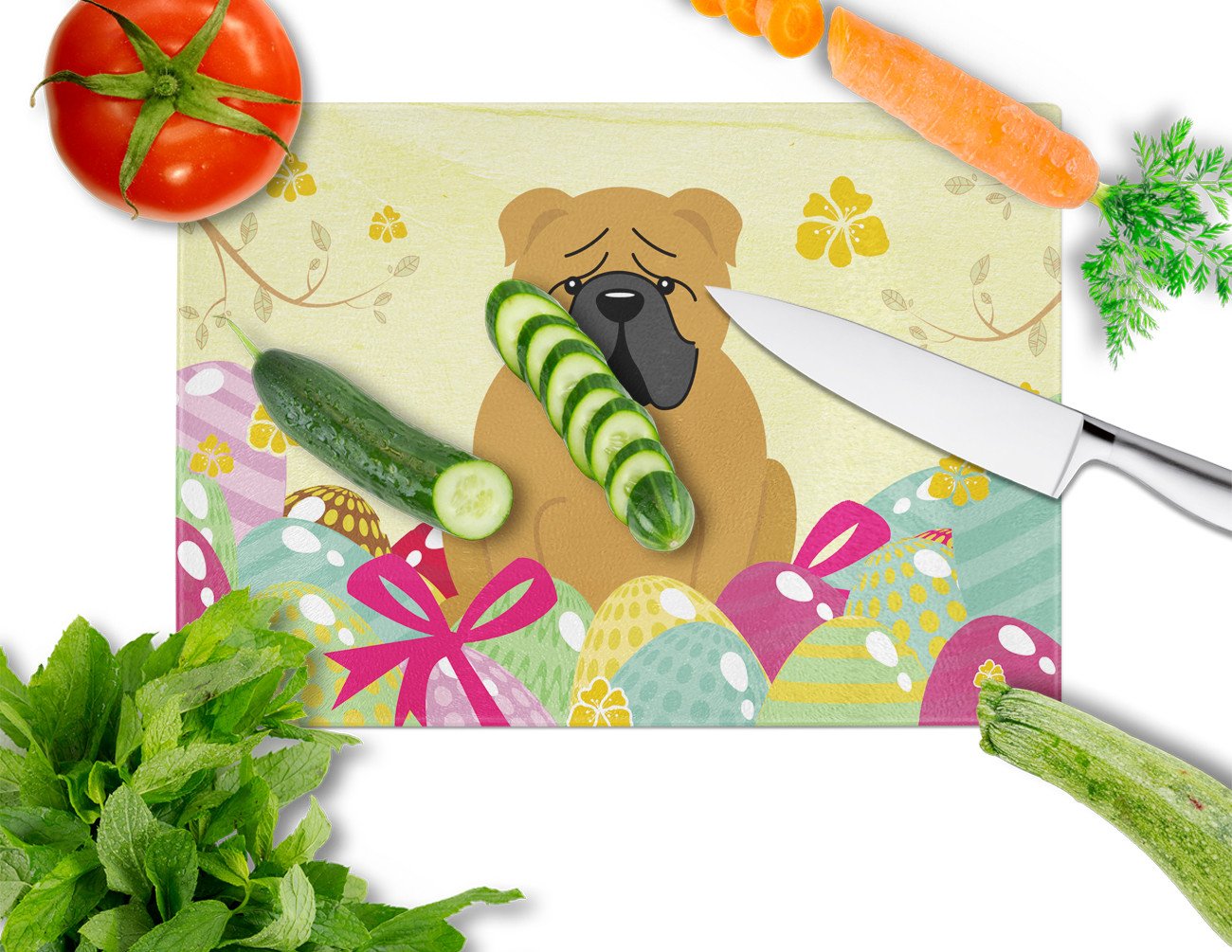 Easter Eggs English Bulldog Red Cutting Board Tempered Glass Kitchen Cutting Surface, Heat Resistant Chopping, Non-Slip Feet, Food Prep & Serving