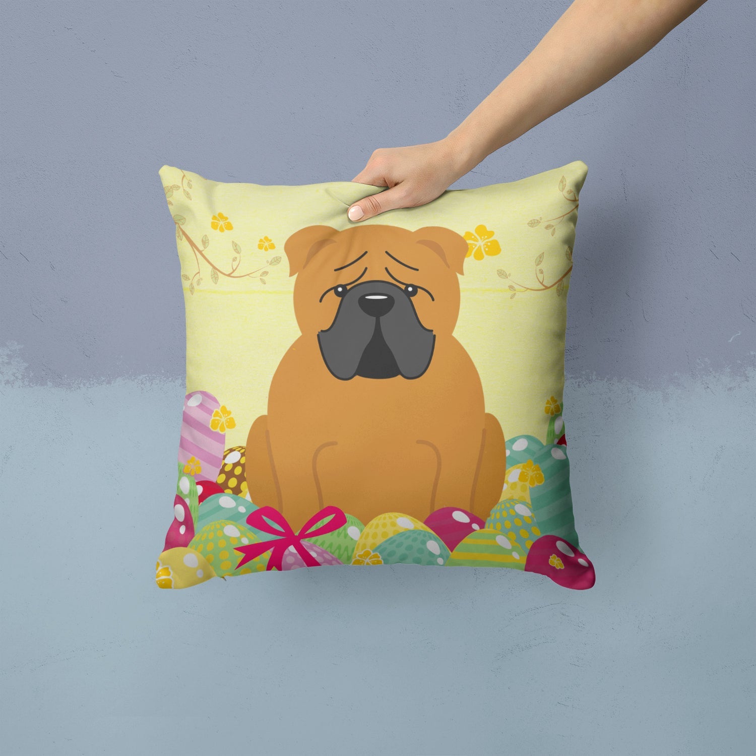 Easter Eggs English Bulldog Red Decorative Throw Pillow 14x14 Indoor Outdoor Accent Cushion, Fabric Cover with Insert for Sofa, Bed, Porch & Living Room