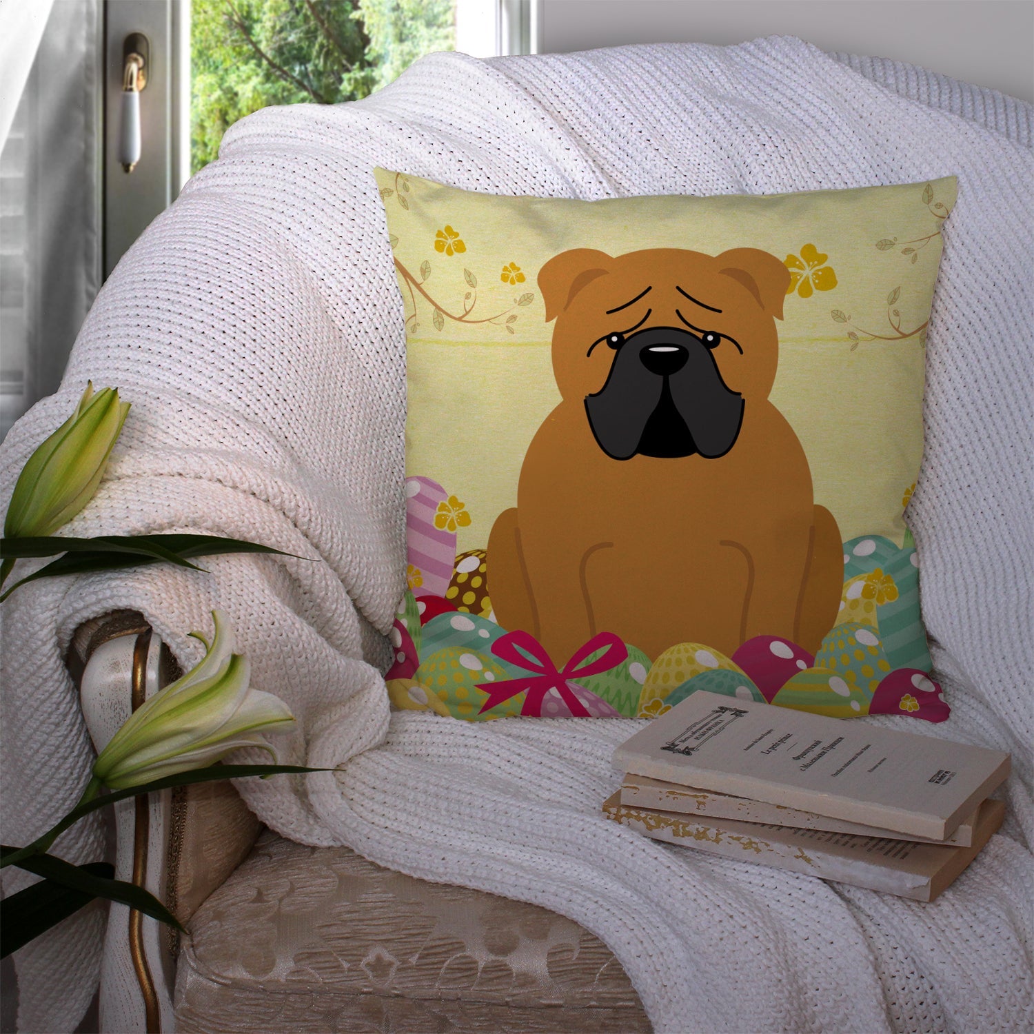 Easter Eggs English Bulldog Red Decorative Throw Pillow 14x14 Indoor Outdoor Accent Cushion, Fabric Cover with Insert for Sofa, Bed, Porch & Living Room