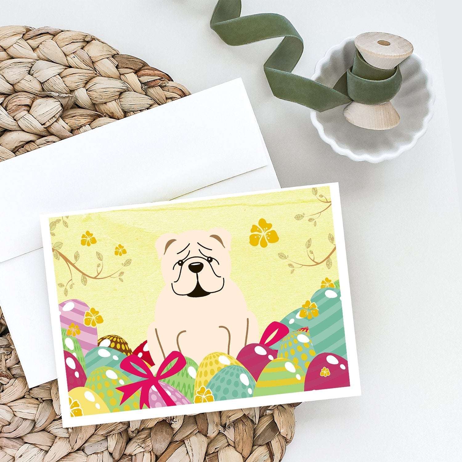 Easter Eggs English Bulldog White Greeting Cards Pack of 8 Blank Cards with Envelopes Whimsical A7 Size 5x7