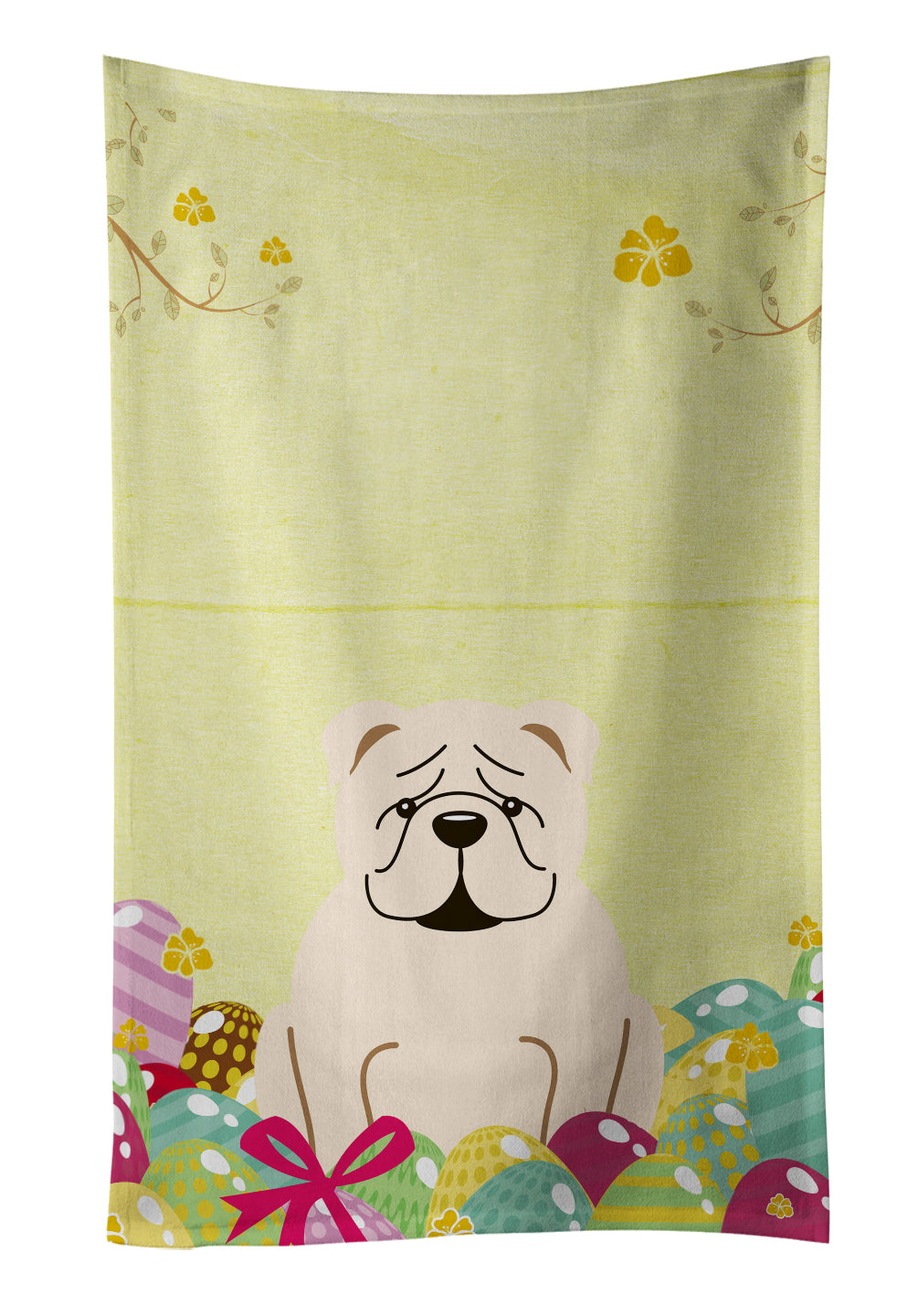 Easter Eggs English Bulldog White Kitchen Towel Velour Plush Front and Cotton Loop Back Machine Washable