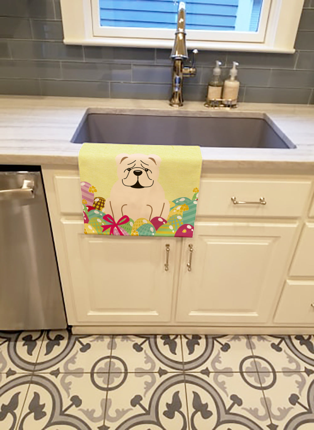 Easter Eggs English Bulldog White Kitchen Towel Velour Plush Front and Cotton Loop Back Machine Washable