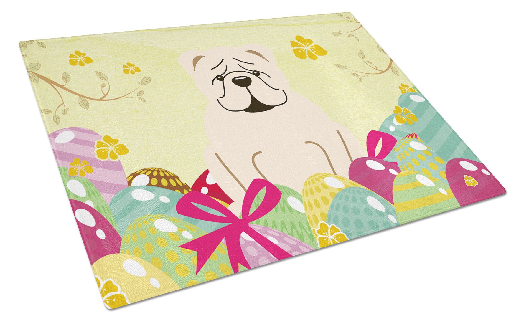 Easter Eggs English Bulldog White Cutting Board Tempered Glass Kitchen Cutting Surface, Heat Resistant Chopping, Non-Slip Feet, Food Prep & Serving