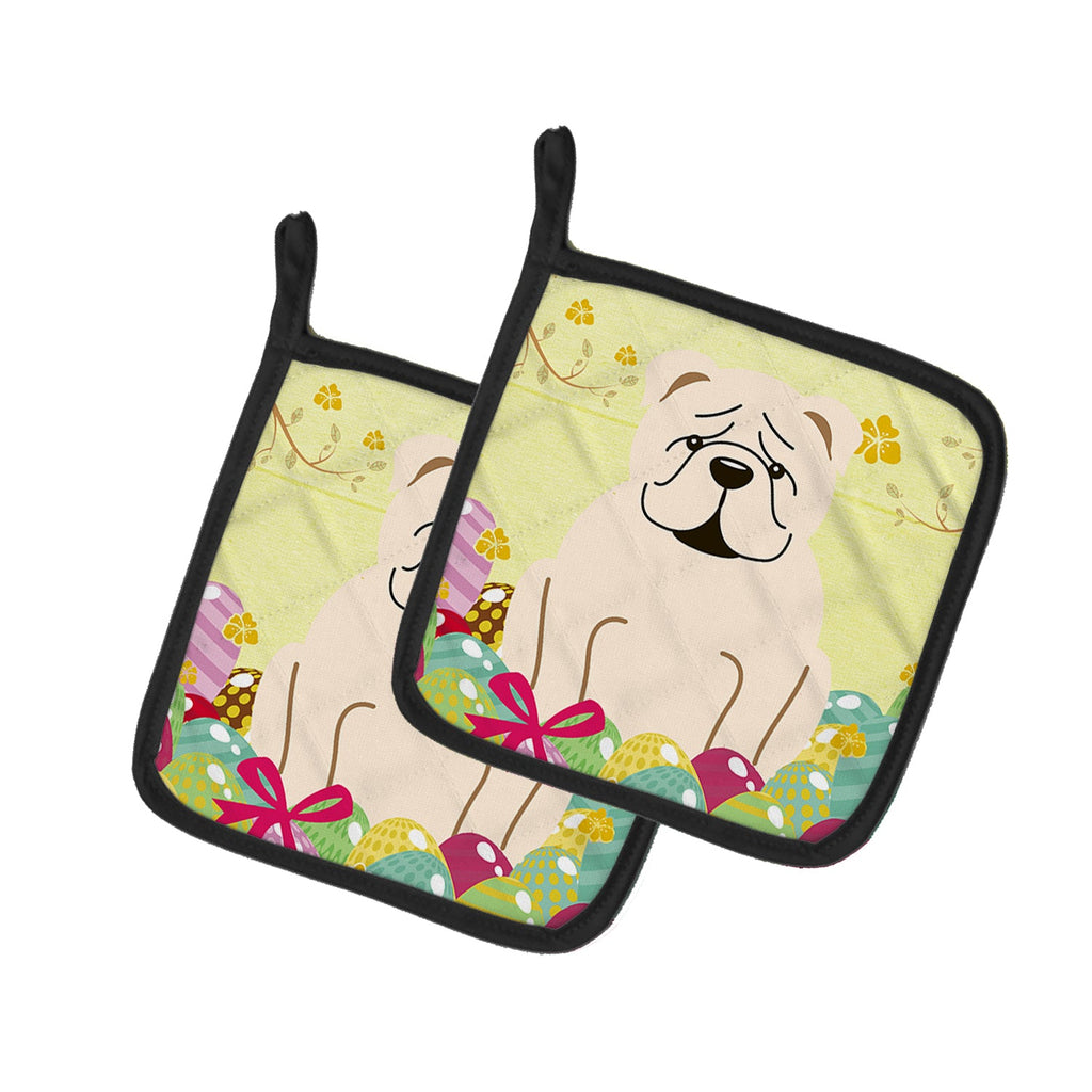 Easter Eggs English Bulldog White Pot Holder Set of 2 Heat Resistant Quilted Hot Pads 7.5 x 7.5 Inch, Insulated Kitchen Trivets for Cooking & Baking