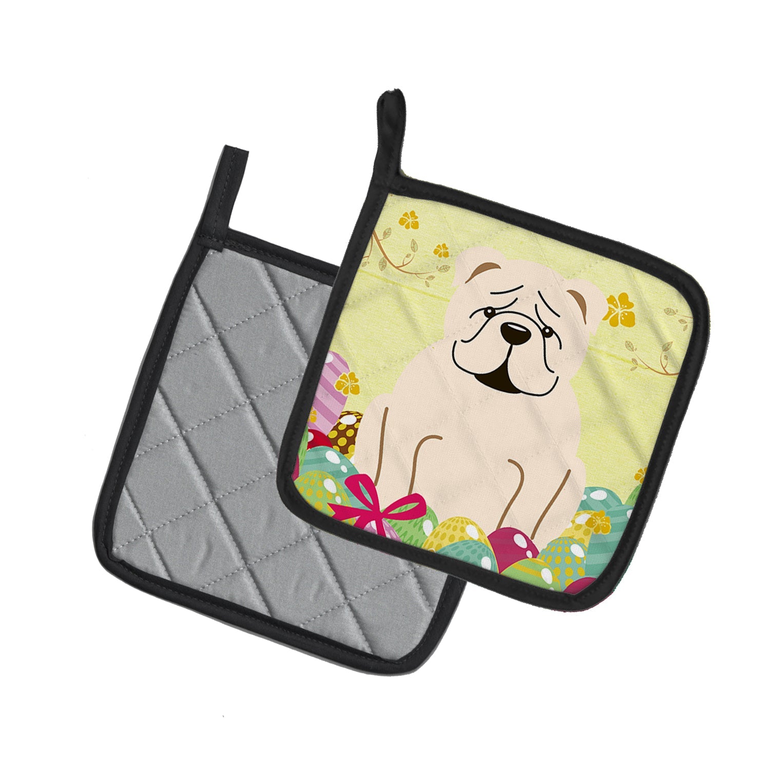 Easter Eggs English Bulldog White Pot Holder Set of 2 Heat Resistant Quilted Hot Pads 7.5 x 7.5 Inch, Insulated Kitchen Trivets for Cooking & Baking