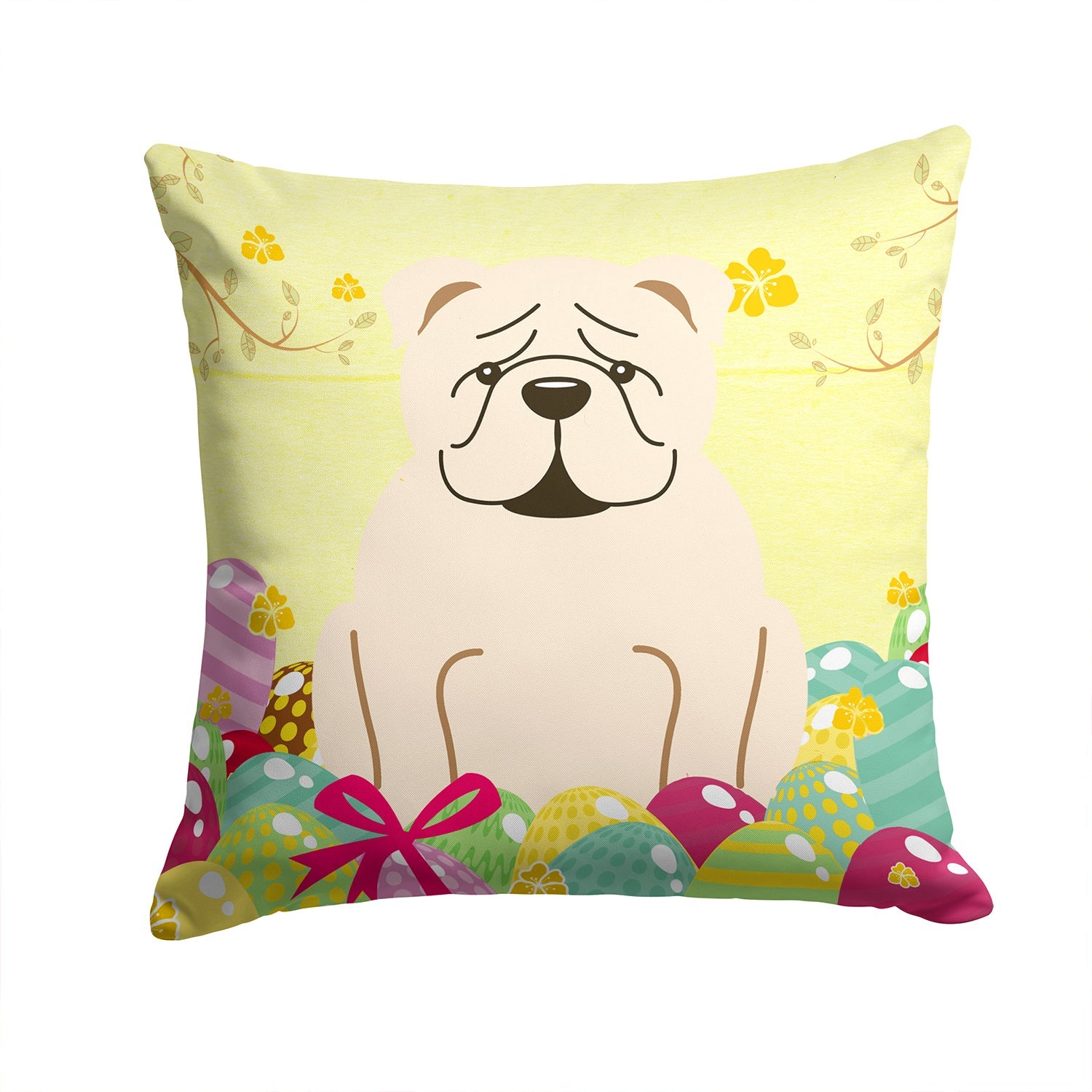 Easter Eggs English Bulldog White Decorative Throw Pillow 14x14 Indoor Outdoor Accent Cushion, Fabric Cover with Insert for Sofa, Bed, Porch & Living Room