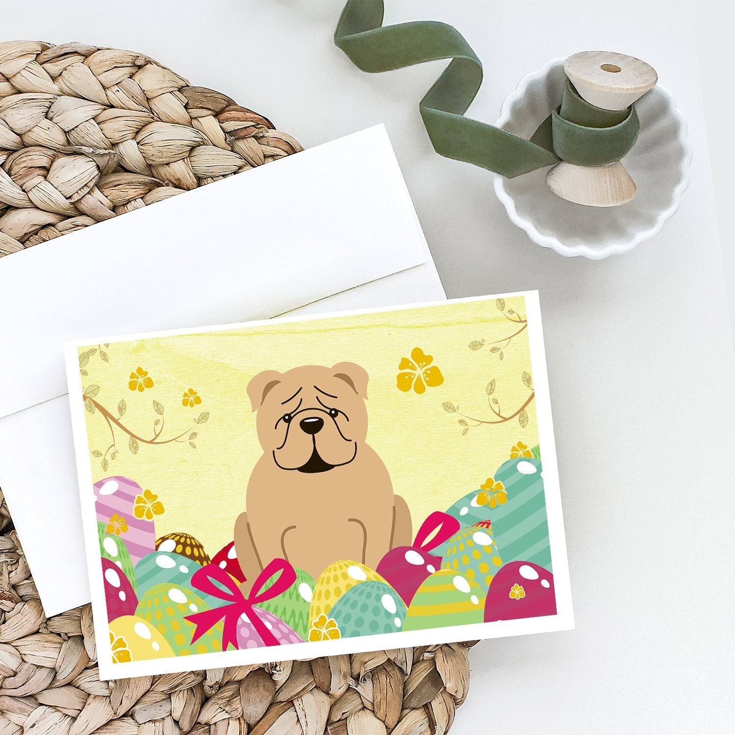 Easter Eggs English Bulldog Fawn Greeting Cards Pack of 8 Blank Cards with Envelopes Whimsical A7 Size 5x7