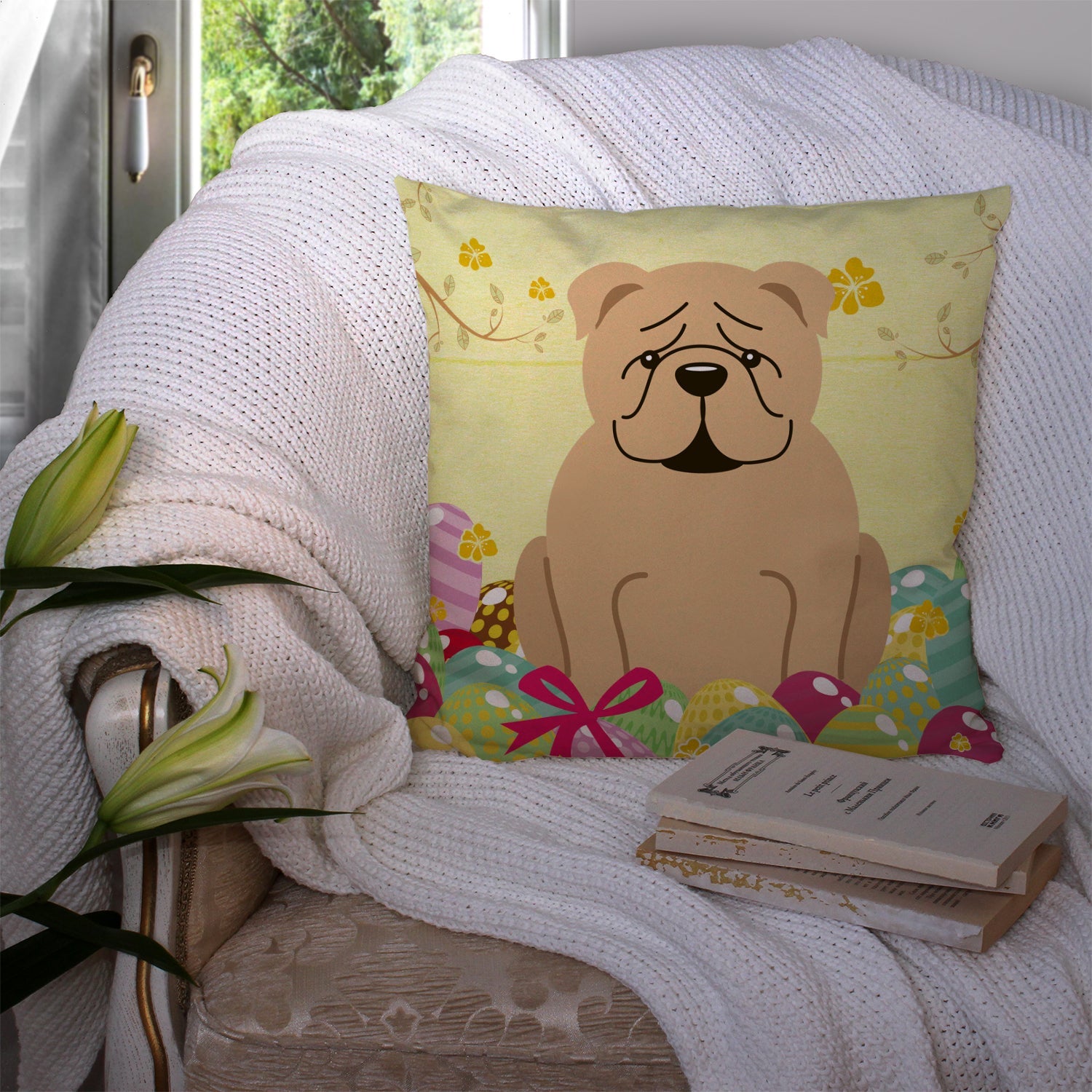 Easter Eggs English Bulldog Fawn Decorative Throw Pillow 14x14 Indoor Outdoor Accent Cushion, Fabric Cover with Insert for Sofa, Bed, Porch & Living Room