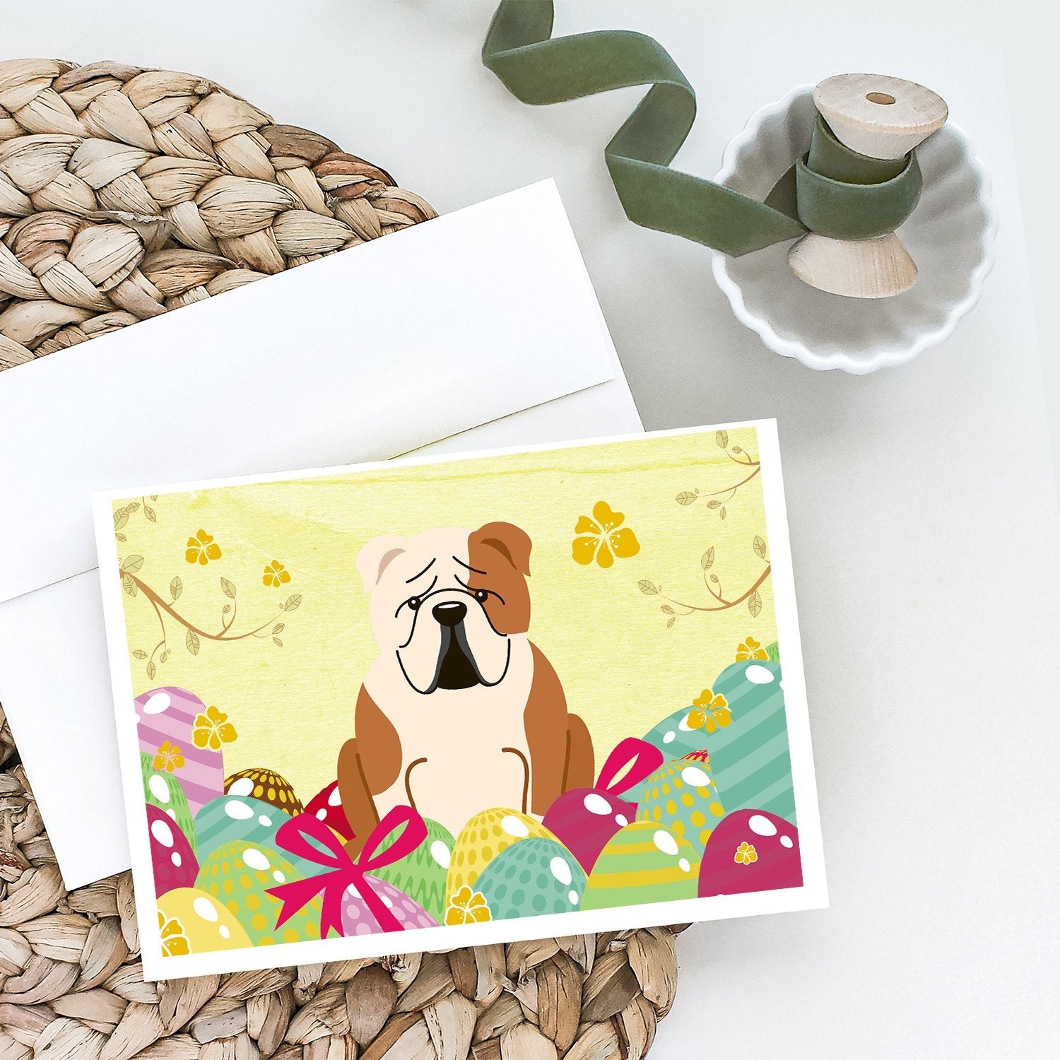 Easter Eggs English Bulldog Fawn White Greeting Cards Pack of 8 Blank Cards with Envelopes Whimsical A7 Size 5x7