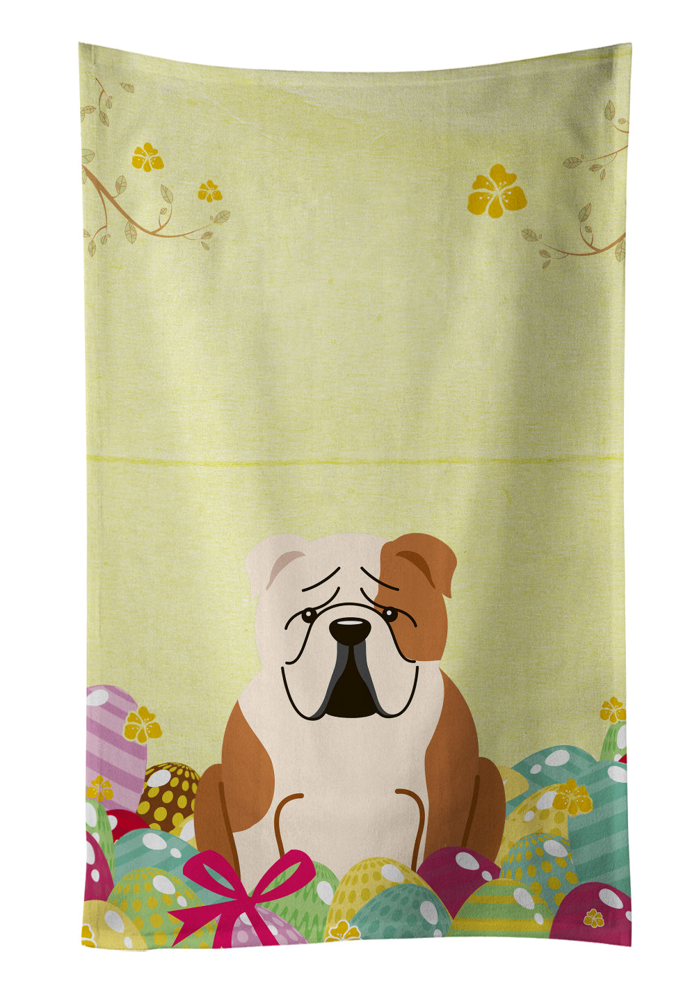 Easter Eggs English Bulldog Fawn White Kitchen Towel Velour Plush Front and Cotton Loop Back Machine Washable