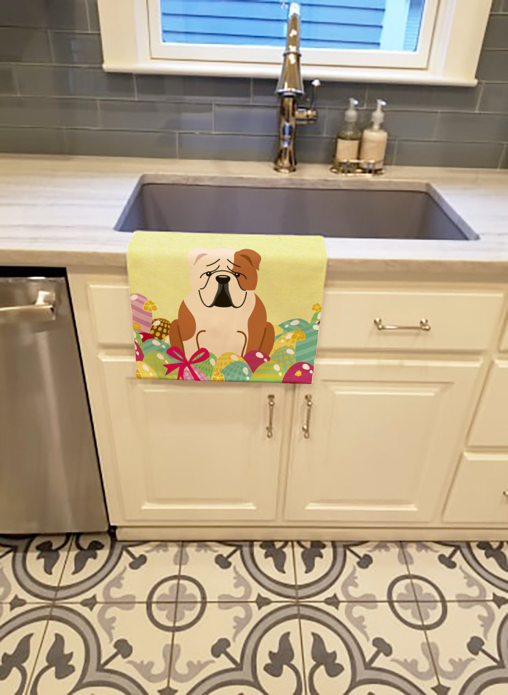 Easter Eggs English Bulldog Fawn White Kitchen Towel Velour Plush Front and Cotton Loop Back Machine Washable