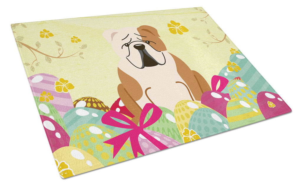 Easter Eggs English Bulldog Fawn White Cutting Board Tempered Glass Kitchen Cutting Surface, Heat Resistant Chopping, Non-Slip Feet, Food Prep & Serving