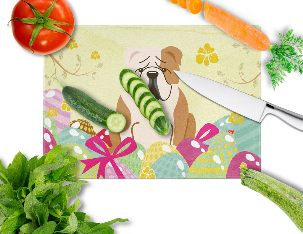 Easter Eggs English Bulldog Fawn White Cutting Board Tempered Glass Kitchen Cutting Surface, Heat Resistant Chopping, Non-Slip Feet, Food Prep & Serving