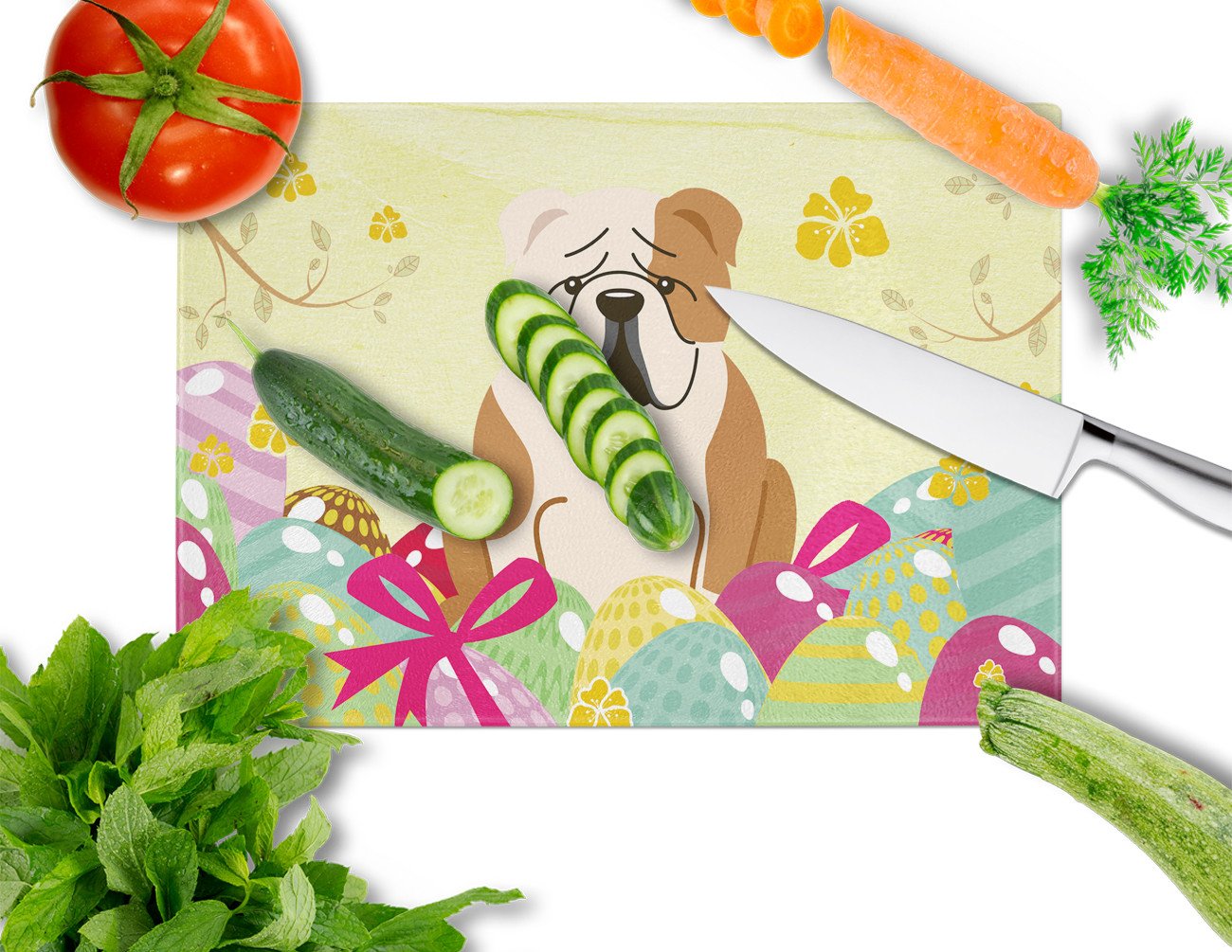 Easter Eggs English Bulldog Fawn White Cutting Board Tempered Glass Kitchen Cutting Surface, Heat Resistant Chopping, Non-Slip Feet, Food Prep & Serving
