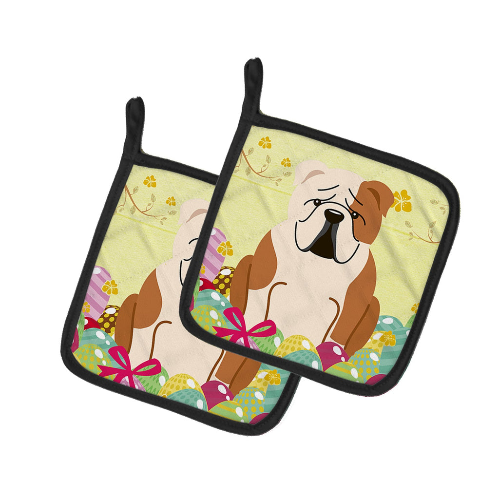Easter Eggs English Bulldog Fawn White Pot Holder Set of 2 Heat Resistant Quilted Hot Pads 7.5 x 7.5 Inch, Insulated Kitchen Trivets for Cooking & Baking