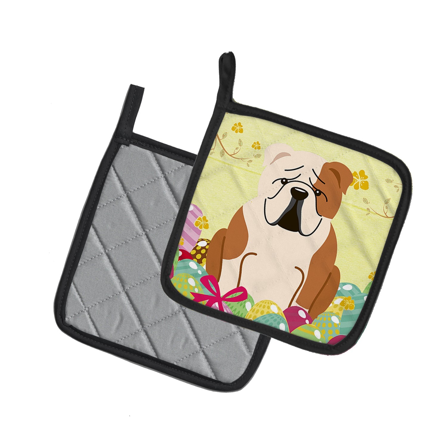 Easter Eggs English Bulldog Fawn White Pot Holder Set of 2 Heat Resistant Quilted Hot Pads 7.5 x 7.5 Inch, Insulated Kitchen Trivets for Cooking & Baking