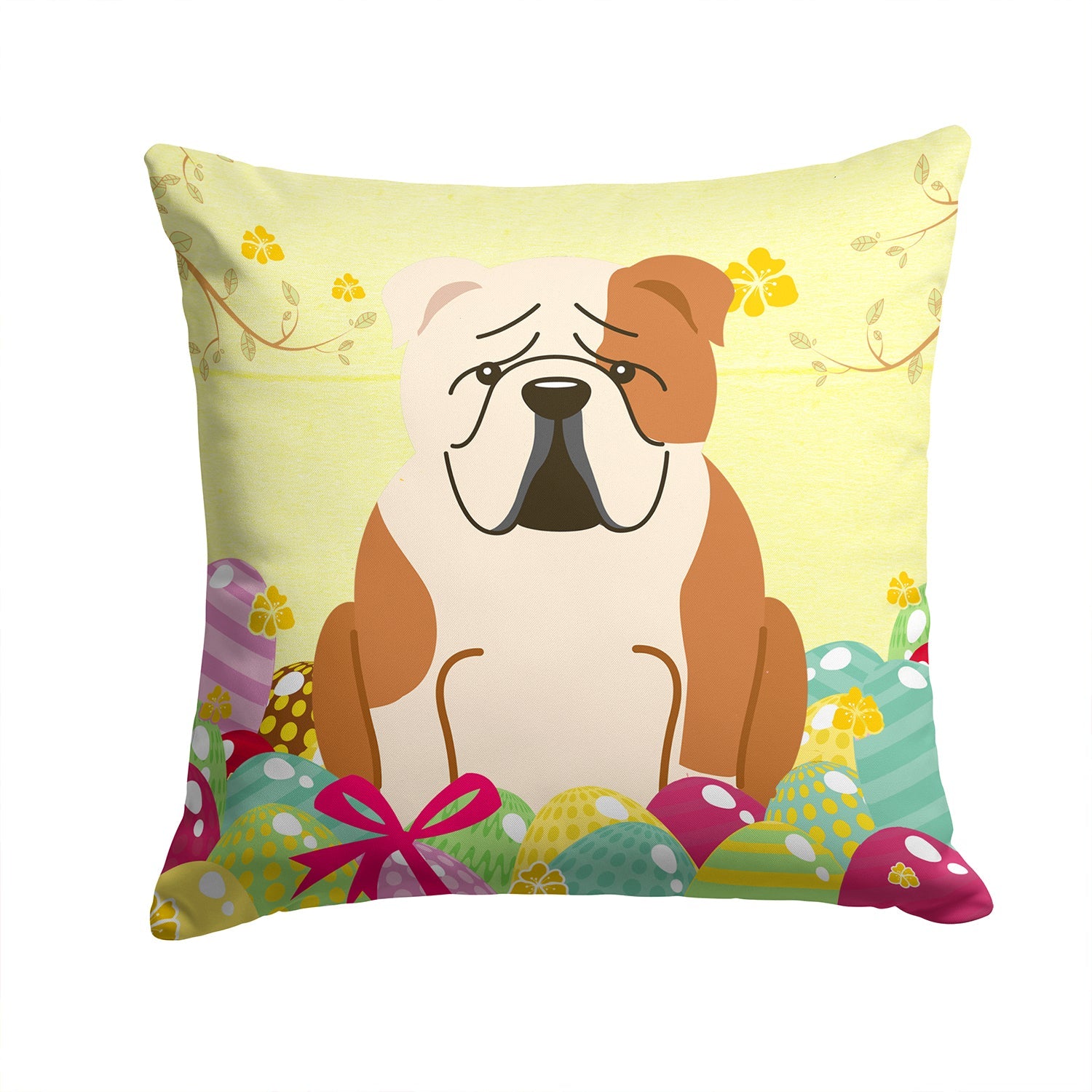 Easter Eggs English Bulldog Fawn White Decorative Throw Pillow 14x14 Indoor Outdoor Accent Cushion, Fabric Cover with Insert for Sofa, Bed, Porch & Living Room